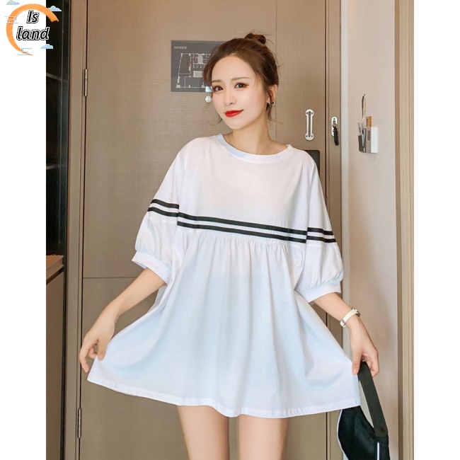 [IS] Đầm Thun Dáng Rộng Tay Ngắn Họa Tiết Kẻ Sọc Màu Sắc Tương Phản Dành Cho Phụ Nữ Mang Thai