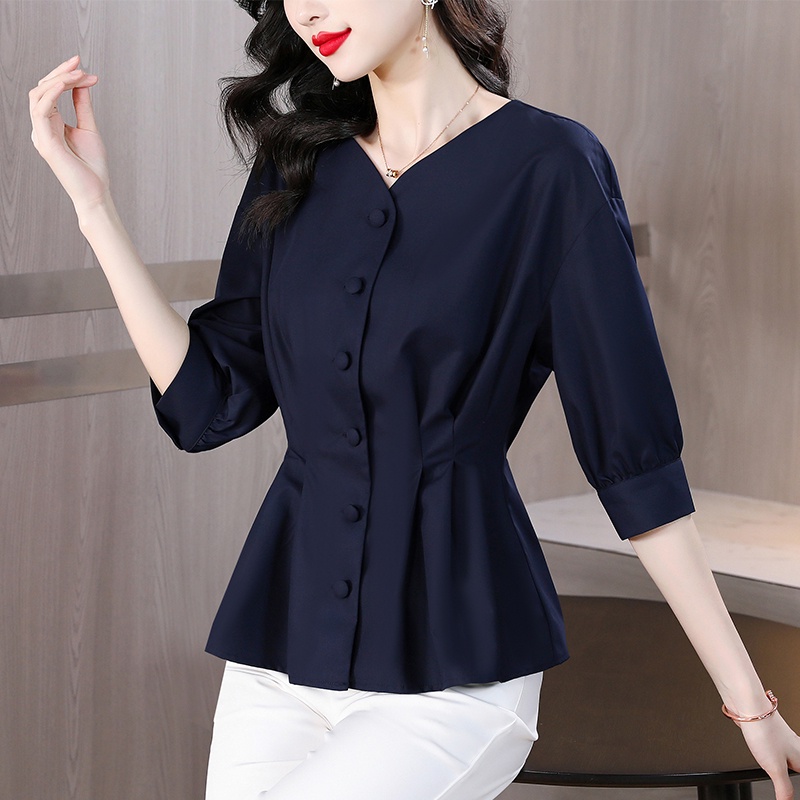 Hàng Châu Âu Áo Sơ Mi Tay Lửng Cổ Chữ v Ôm Eo Cao Vừa Vặn Dễ Phối Đồ Chuyên Nghiệp Cho Nữ