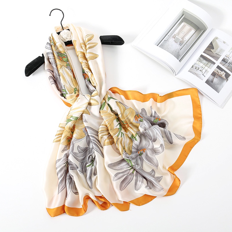 Khăn Choàng Lụa Satin Dài 180-90cm Mềm Mại Thoáng Khí In Họa Tiết Hoa Lily Thanh Lịch Thời Trang Cho Nữ