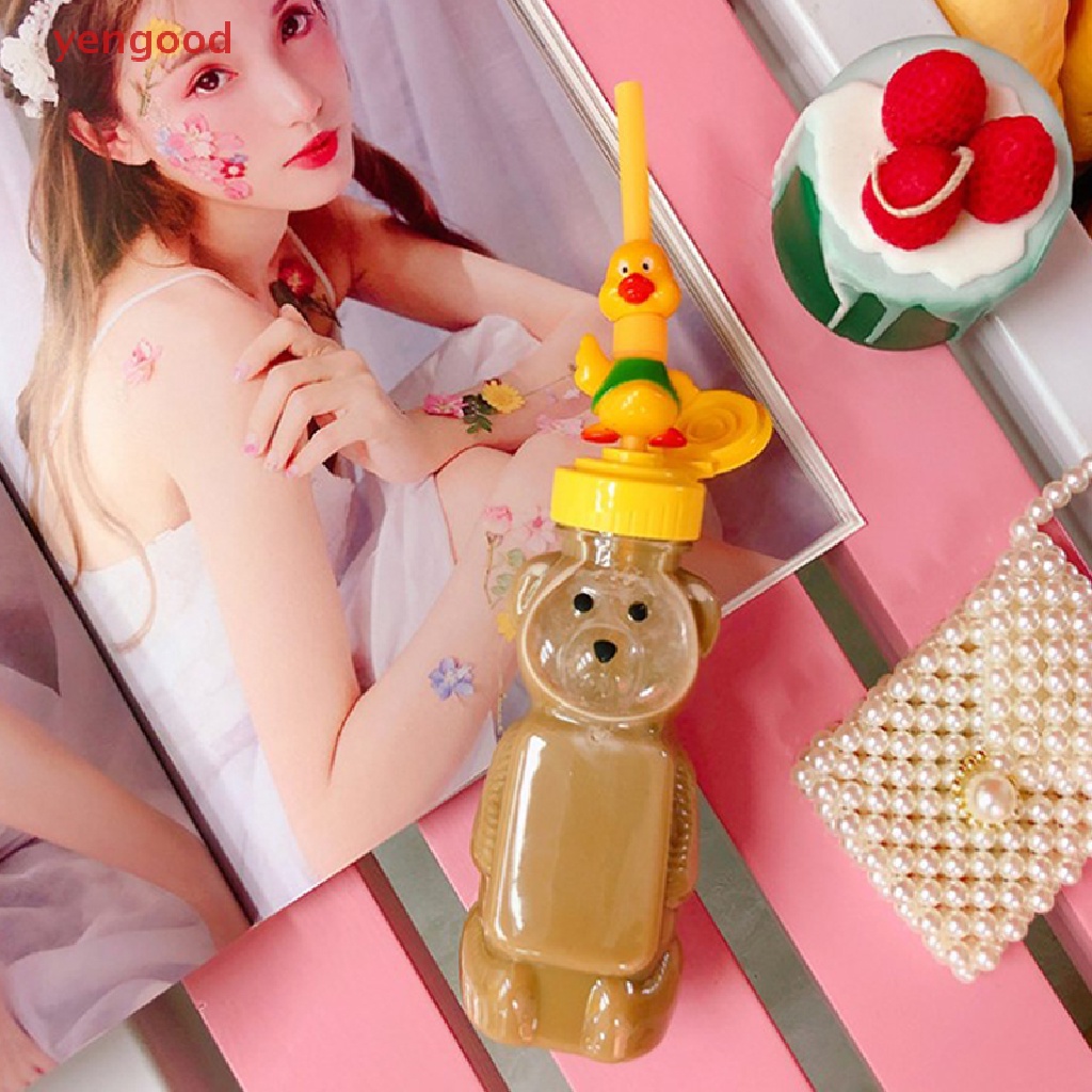 Bình Nước Nhựa Có Ống Hút Họa Tiết Gấu Hoạt Hình Dễ Thương Cho Bé