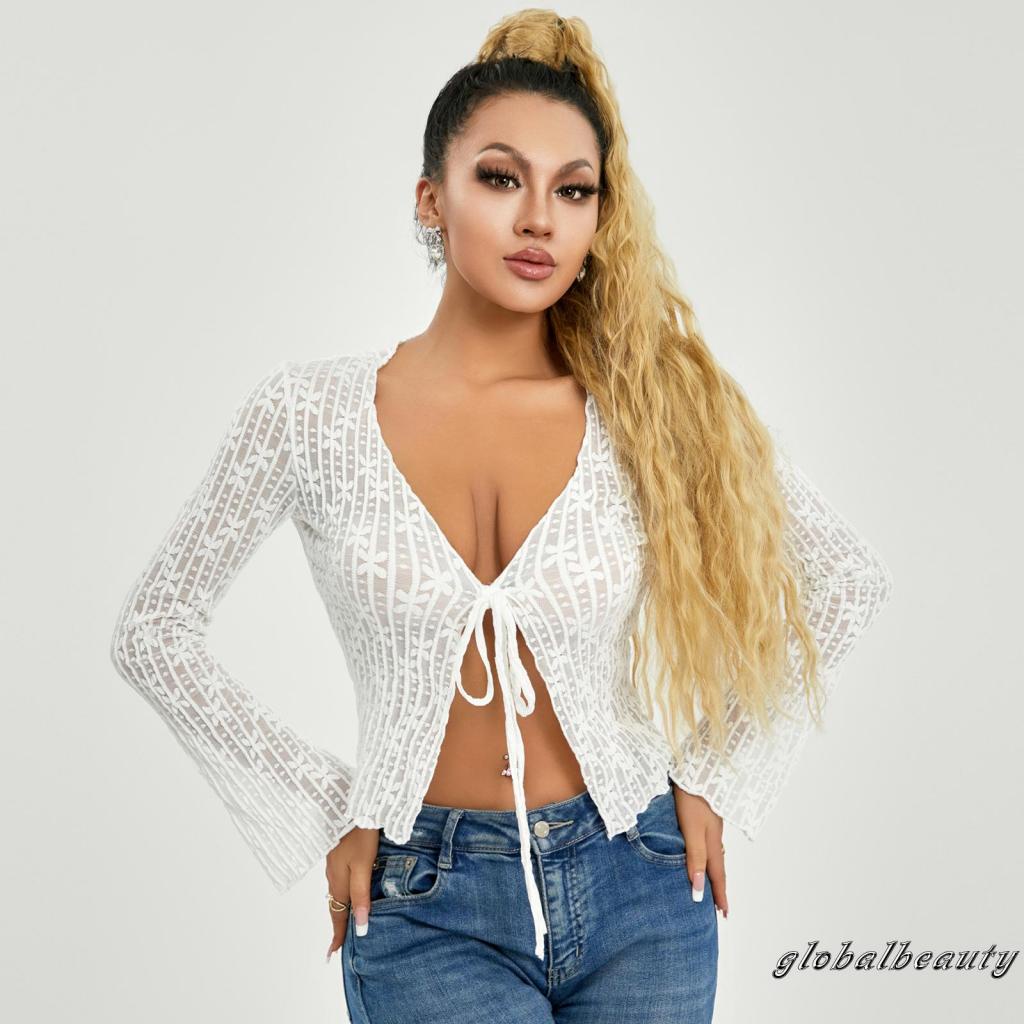 Áo Croptop Tay Dài Cổ Chữ V Họa Tiết Hoa Thời Trang Xuân Hè Cho Nữ