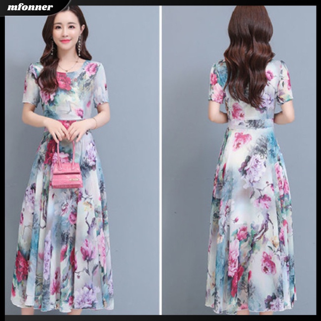 Đầm Dài Cổ Tròn Tay Ngắn Eo Cao In Họa Tiết Hoa Thời Trang Mùa Hè Xinh Xắn Cho Nữ