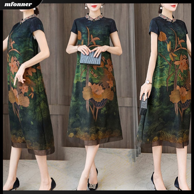 Đầm Midi Chữ A Tay Ngắn Cổ Tròn Eo Cao In Họa Tiết Trung Hoa Cổ Điển Có Size Lớn Cho Nữ