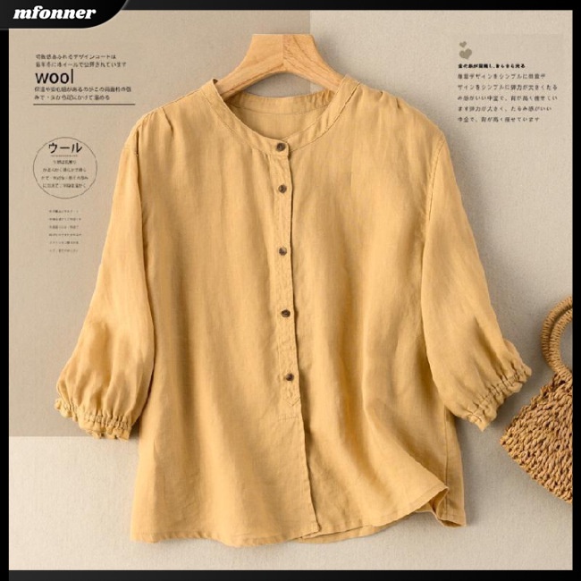 Áo Sơ Mi Cotton Lanh Cổ Tròn Dáng Rộng Màu Sắc Đơn Giản Thanh Lịch Dành Cho Nữ