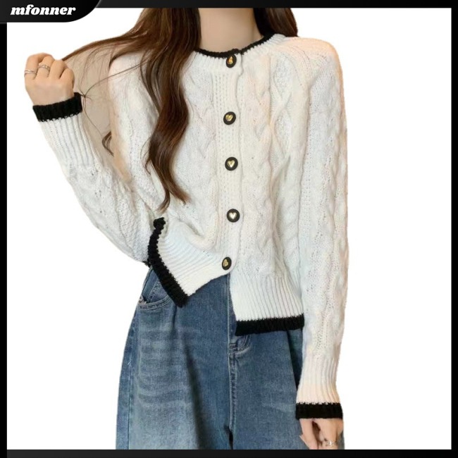 Áo Cardigan Dệt Kim Tay Dài Cổ Tròn Màu Sắc Tương Phản Thời Trang Cho Nữ