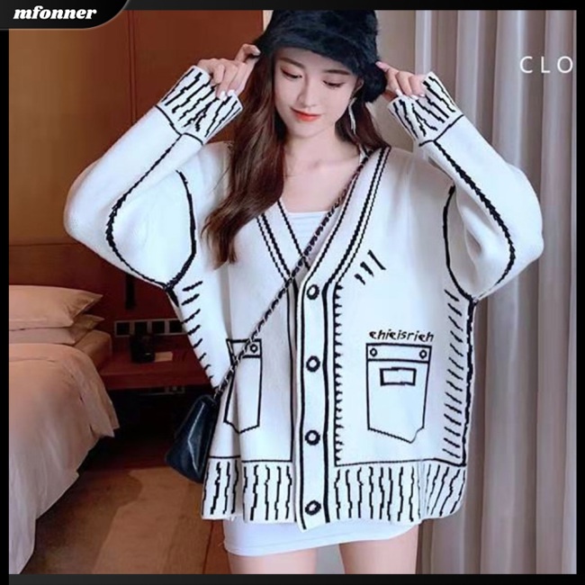 Áo Khoác Cardigan Dệt Kim Dáng Rộng Cỡ Lớn In Hoạt Hình Graffiti Dễ Thương Cho Nữ