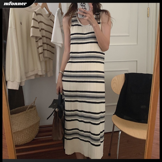 Đầm Chữ A Hai Dây Cổ Tròn Lưng Cao Họa Tiết Kẻ Sọc Màu Sắc Tương Phản Thời Trang Mùa Hè Quyến Rũ Cho Nữ