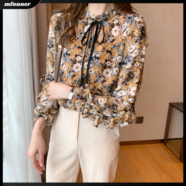 Áo Sơ Mi Chiffon Tay Dài Cổ Đứng Phối Bèo In Họa Tiết Hoa Thắt Nơ Xinh Xắn Cho Nữ