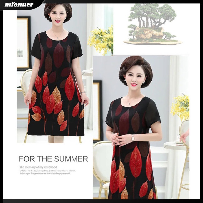 Đầm Midi Tay Ngắn Cổ Tròn Dáng Chữ A Vải Lụa Lạnh In Hoa Thời Trang Cho Bạn Gái