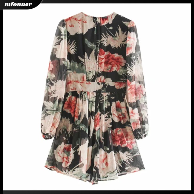 Áo liền quần Tay Phồng Dài Cổ Chữ V in Họa Tiết Hoa Nhí Xinh Xắn Thời Trang Cho Nữ