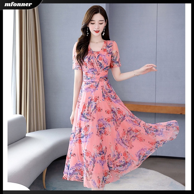 Đầm Midi Tay Ngắn Cổ Chữ V In Họa Tiết Hoa Thanh Lịch Thời Trang Cho Nữ