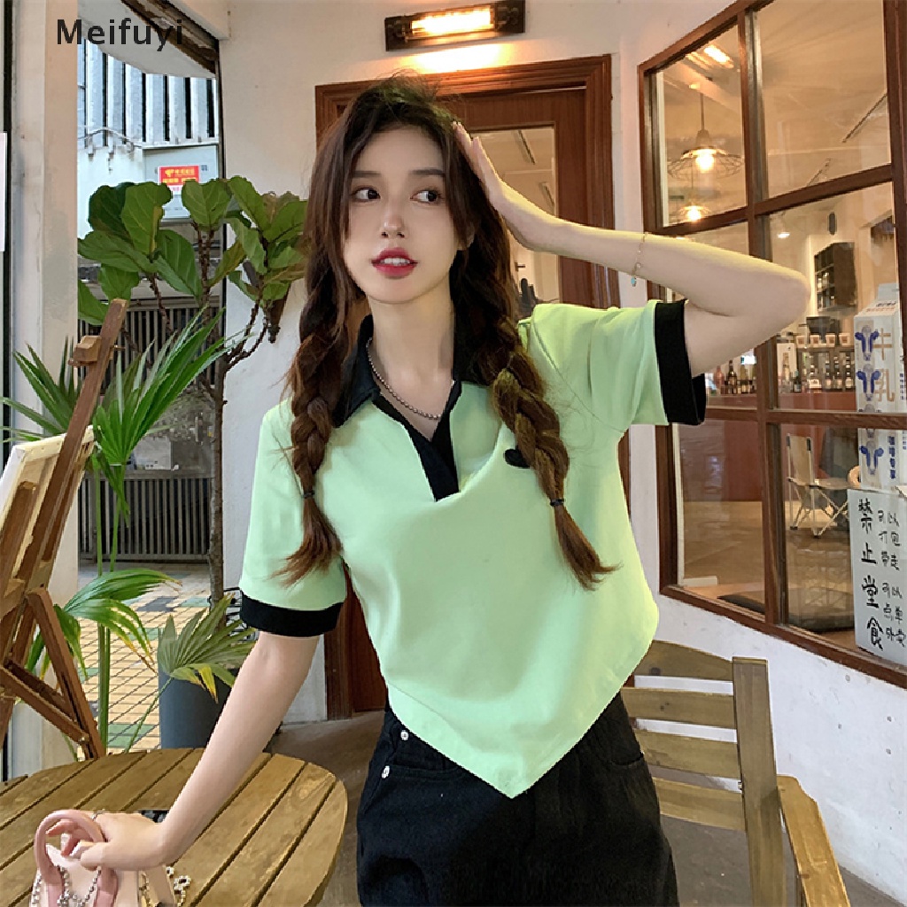 Áo Thun Crop Top Tay Ngắn Màu Sắc Tương Phản Thời Trang Mùa Hè Cho Nữ