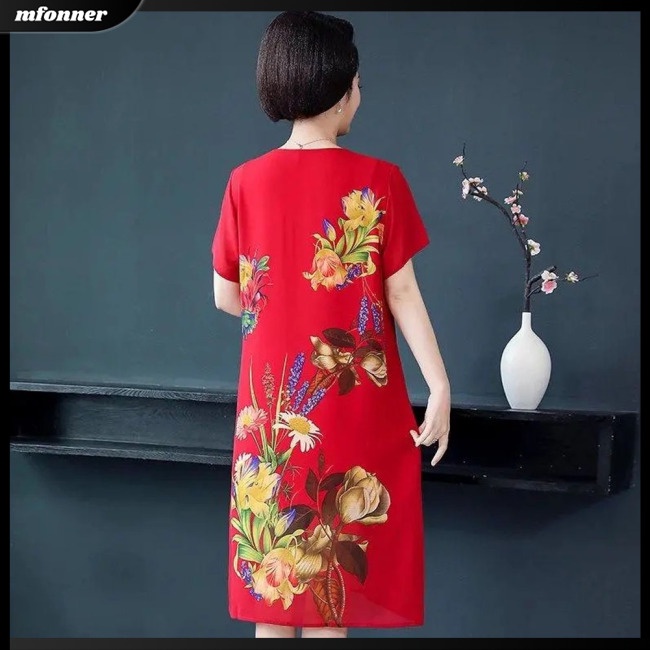 Đầm Tay Ngắn Cổ Tròn Dáng Rộng In Họa Tiết Thời Trang Sang Trọng Cho Phụ Nữ Trung Niên