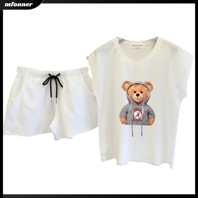 Bộ Trang Phục 2 Mảnh Gồm Áo Sát Nách Cổ Tròn In Họa Tiết Gấu Hoạt Hình + Quần Short Lưng Thun Cho Nữ