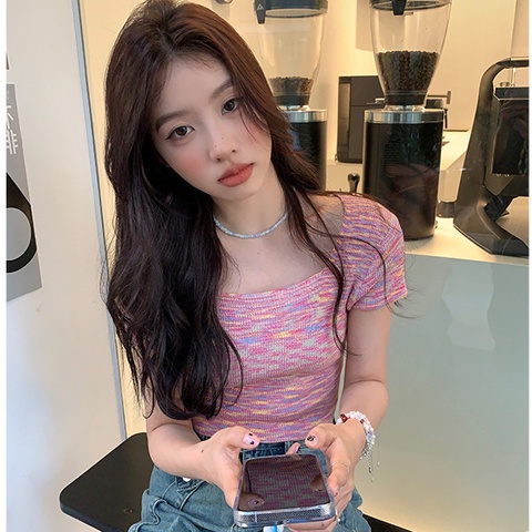 COZOK Áo Thun Dệt Kim Ngắn Tay Cổ Vuông Phối Màu Cầu Vồng Kiểu Vintage Dễ Thương