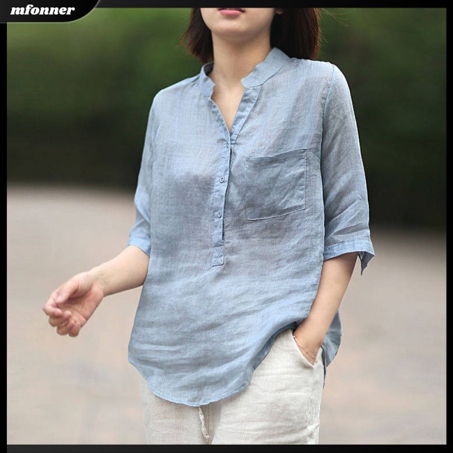 Áo Sơ Mi Cotton Lanh Cổ Đứng Dáng Rộng Tay Lửng Thời Trang Mùa Hè Cho Nữ