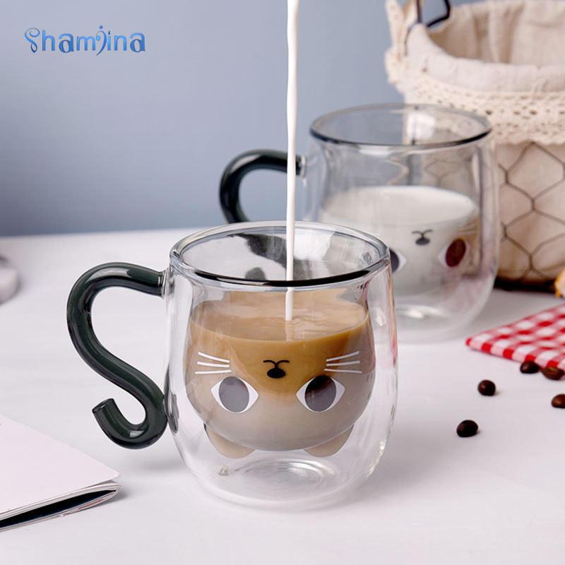 Cốc nước hình mèo con hoạt hình sáng tạo có tay cầm cốc nước thủy tinh trong suốt cốc cà phê hai lớp