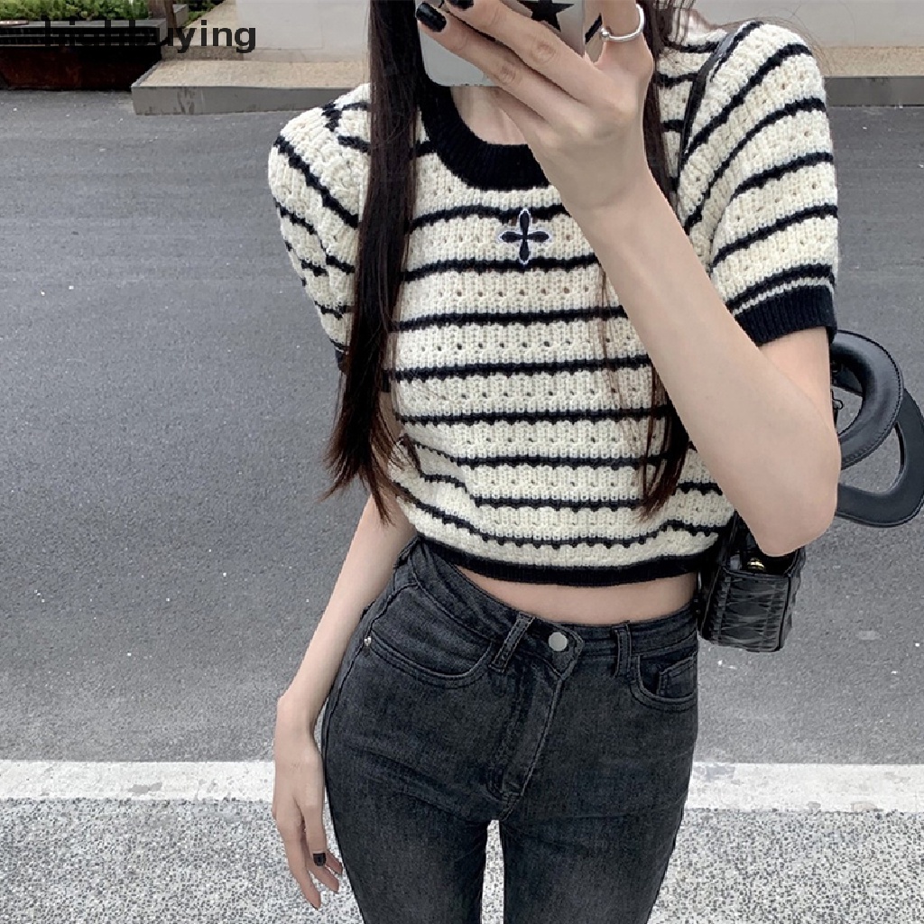 Áo Croptop Dệt Kim Ngắn Tay Cổ Tròn Họa Tiết Kẻ Sọc Phong Cách Retro