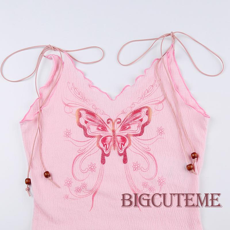 Áo Hai Dây Cổ Chữ V Buộc Dây Hở Lưng In Họa Tiết Bướm Màu Hồng Thời Trang Mùa Hè Cho Nữ