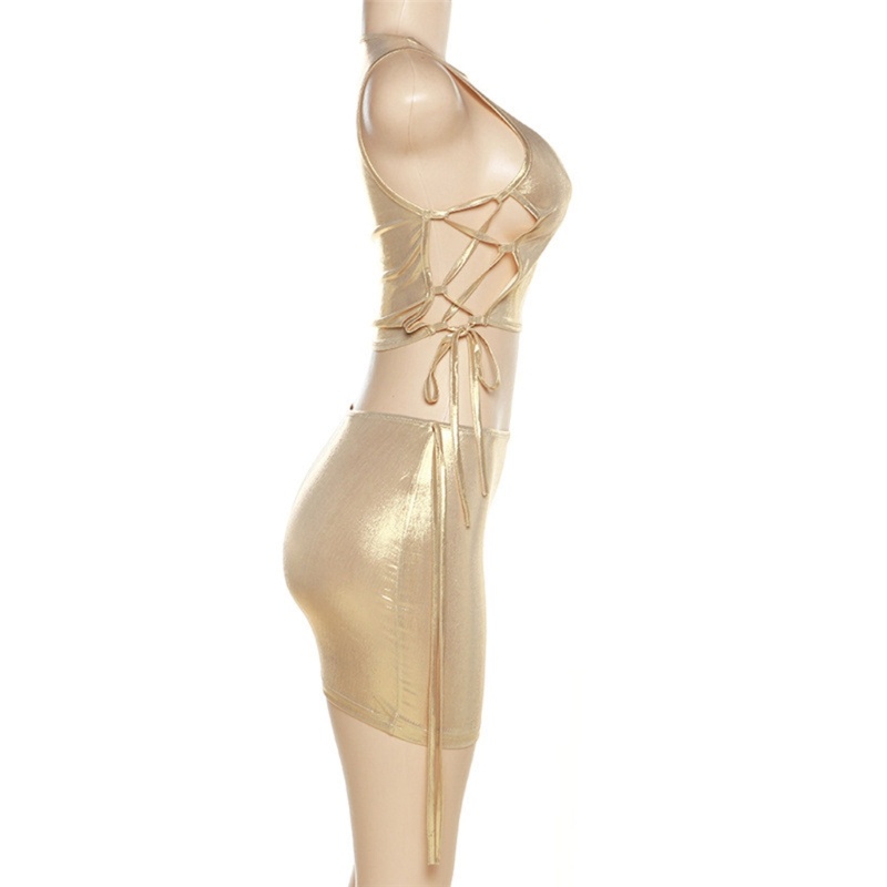 Xiangbao Đầm Midi Cổ Tròn Sáng Màu Trơn Khoét Rỗng Hai Mảnh