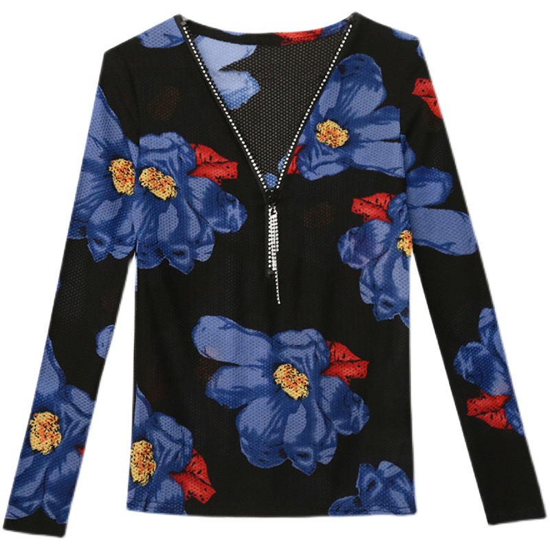 Áo Thun Tay Dài Cổ Chữ V Có Khóa Kéo In Họa Tiết Thời Trang Mùa Thu Cho Nữ áo lưới dài tay áo thun dài tay nữ