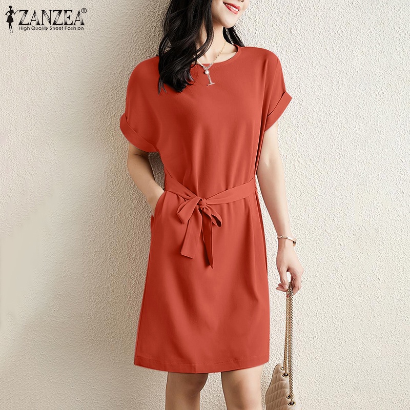 Zanzea Đầm Chữ A Ngắn Tay Cổ Tròn Thời Trang Nữ Tính