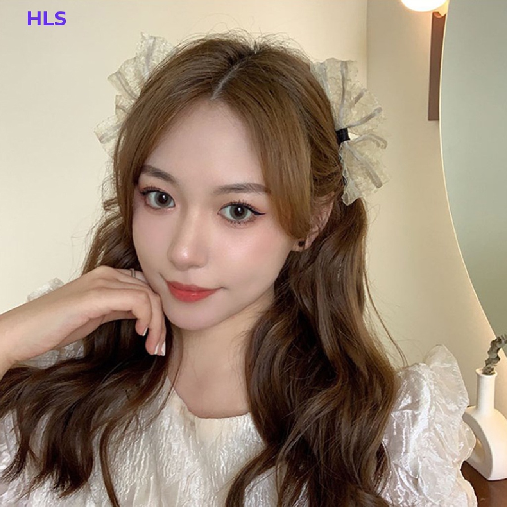 Set 2 Kẹp Tóc Nơ Phối Ren Màu Đen / Be Xinh Xắn Dành Cho Nữ