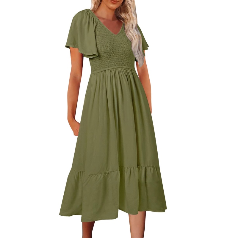 Đầm Dài Lưng Cao Co Giãn Màu Trơn Nhún Bèo Xinh Xắn