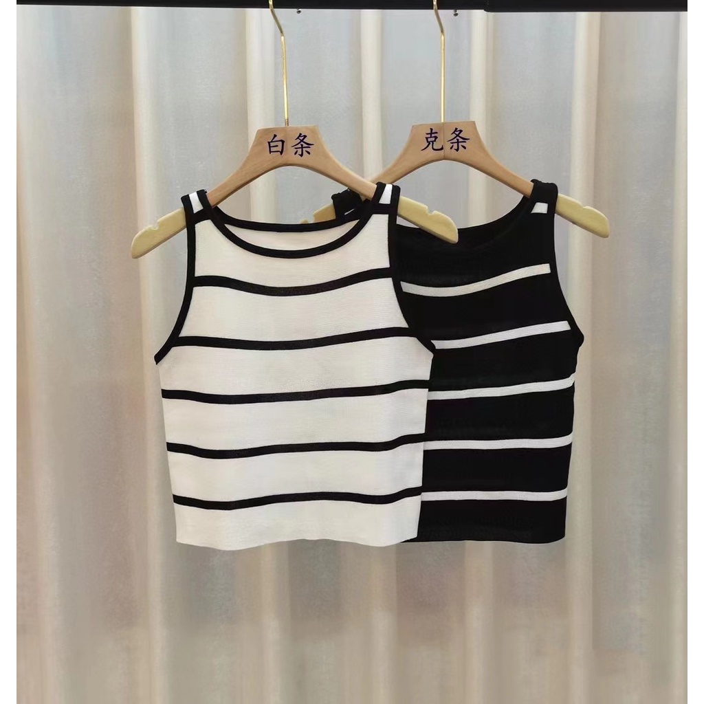 Áo Tank Top Dệt Kim Sát Nách Kẻ Sọc Đen Cá Tính Cho Nữ