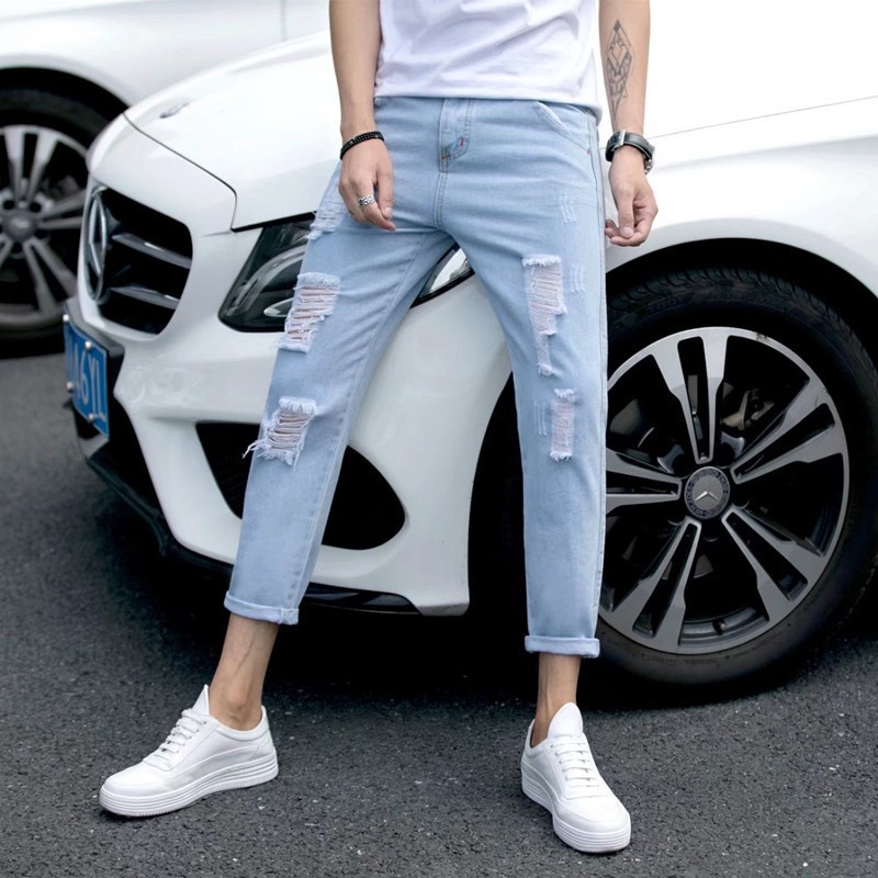 Quần Jean Dài Rách Gối Phong Cách Hàn Quốc Trẻ Trung Dành Cho Nam