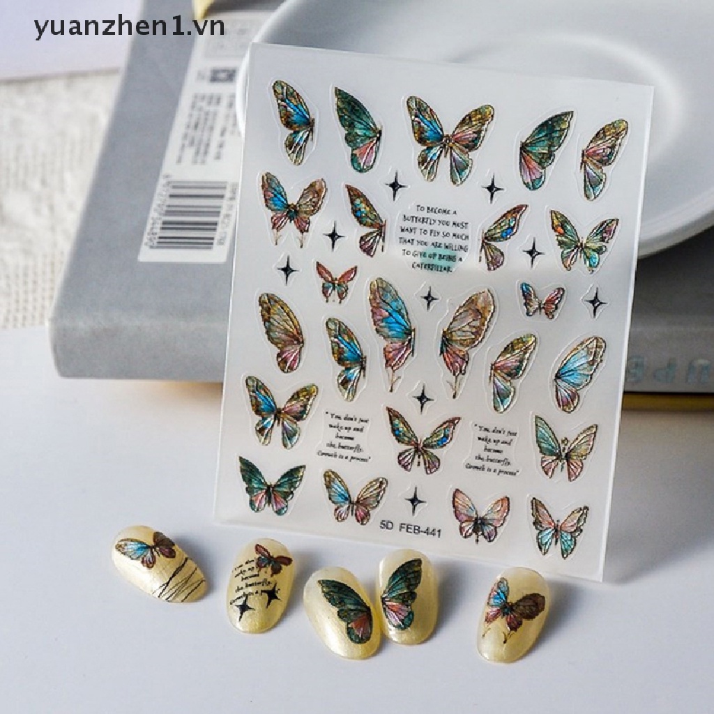 1 Tờ Miếng Dán Trang Trí Móng Tay Hình Bướm 5D Màu Gradient
