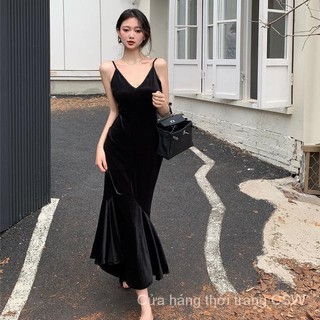 Đầm nhung đen đuôi cá dáng dài cổ chữ v quyến rũ thời trang cho nữ