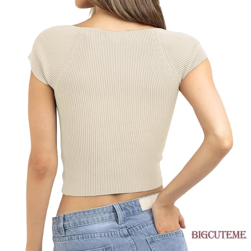 [] Áo Thun Dệt Kim Ngắn Tay Màu Trơn Cổ Xoắn Phía Trước Cho Nữ