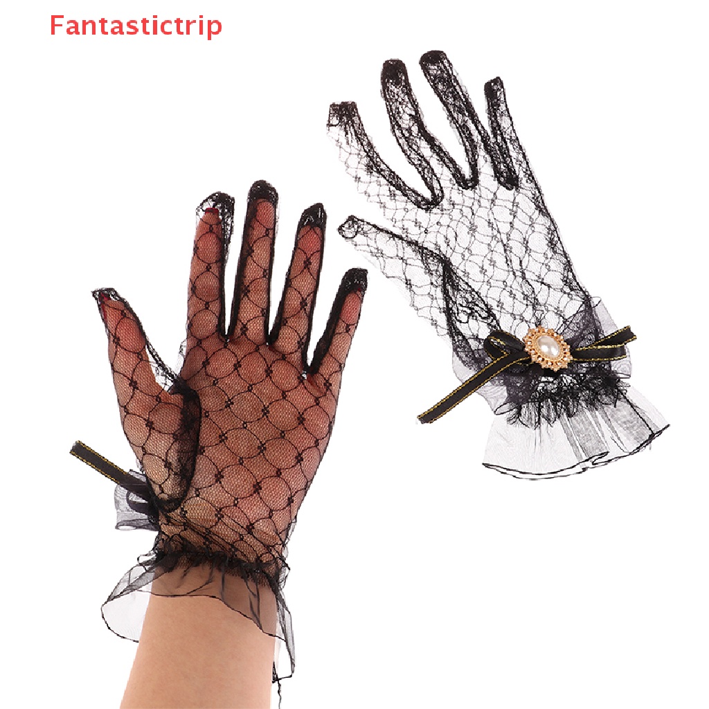 1 Đôi Găng Tay Lưới Đính Hoa Trắng Đen Phong Cách Lolita Mới