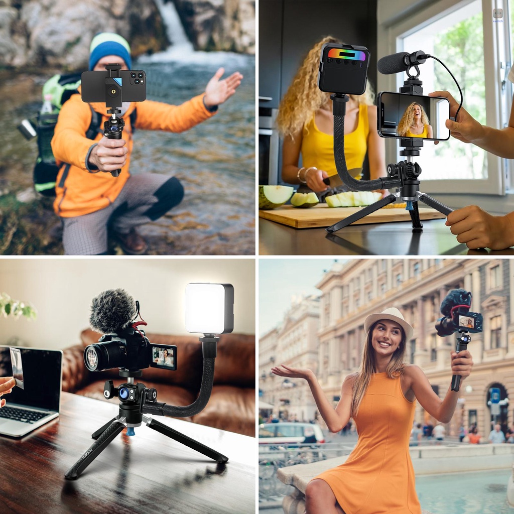 Giá Đỡ Ba Chân Andoer MT-01 Để Bàn 2 Mức Độ Điều Chỉnh Chiều Cao 360° Đầu Bi Xoay Có Giá Đỡ Điện Thoại Chịu Tải Tối Đa. 5kg Hỗ Trợ Live Streaming Online