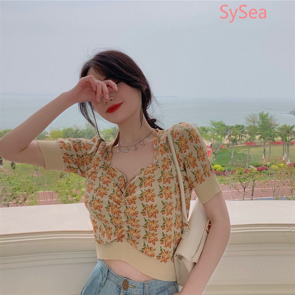 Áo Croptop Dệt Kim Tay Phồng In Hoa Kiểu Hàn Quốc Thời Trang Mùa Hè Cho Nữ