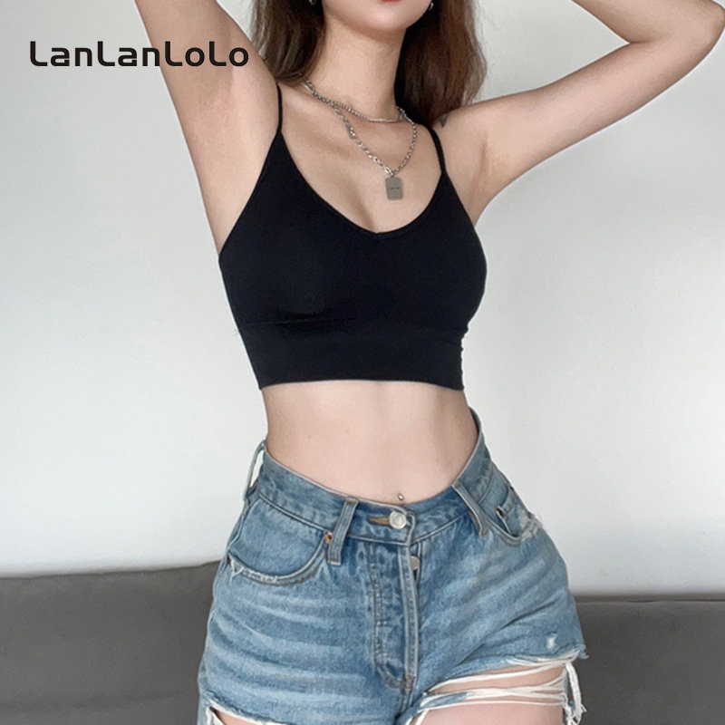 Áo hai dây LanLanLoLo cổ V hở lưng màu trơn quyến rũ thời trang 2023 cho nữ