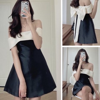 Váy nữ dự tiêc trễ vai đính nơ sau màu đen chất tafta dáng xòe chữ A, đầm tiểu thư sang chảnh đi chơi xinh hở vai EYE2