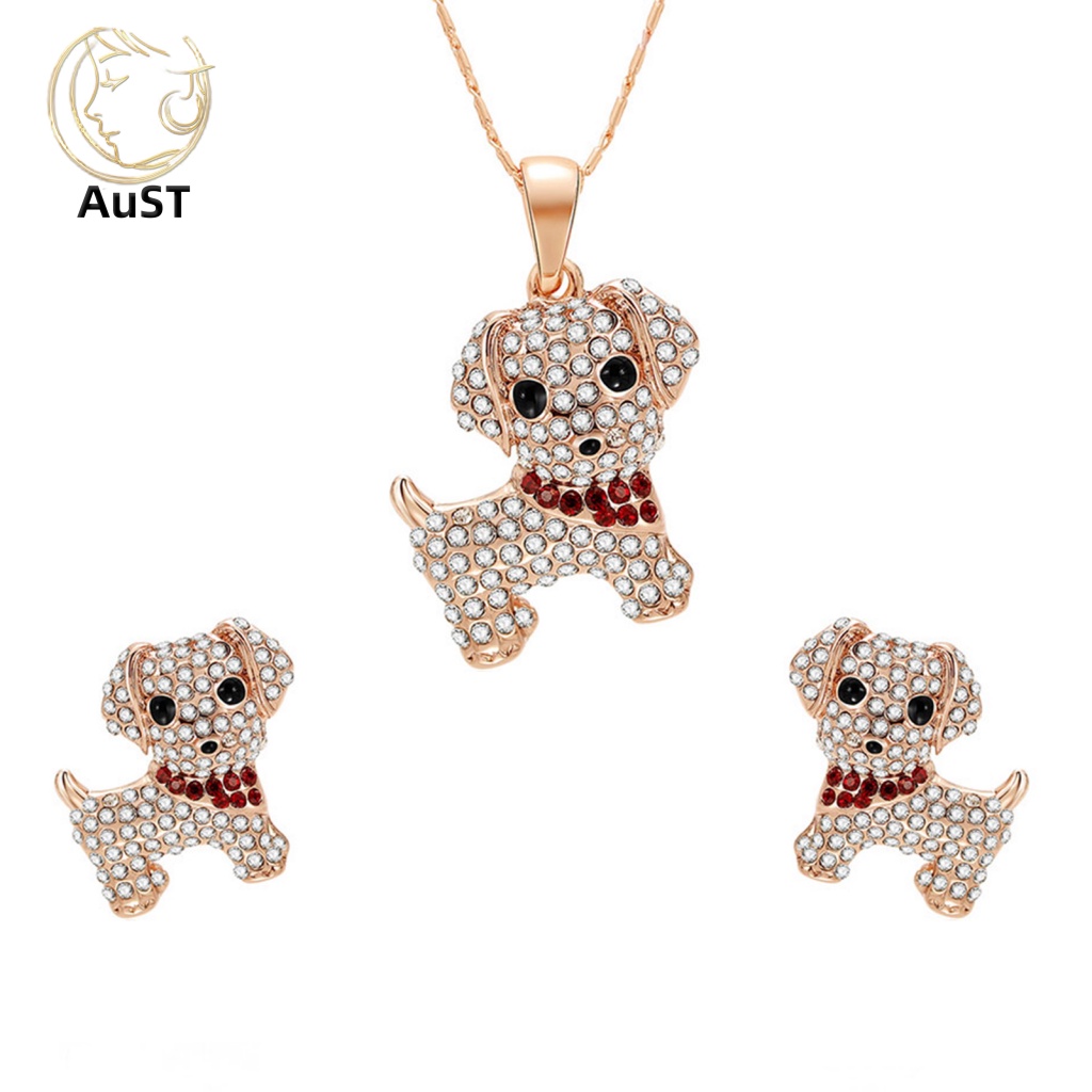 1 Bộ Vòng cổ + Bông Tai Thời Trang Hình Cún Con Đính Đá Lấp Lánh