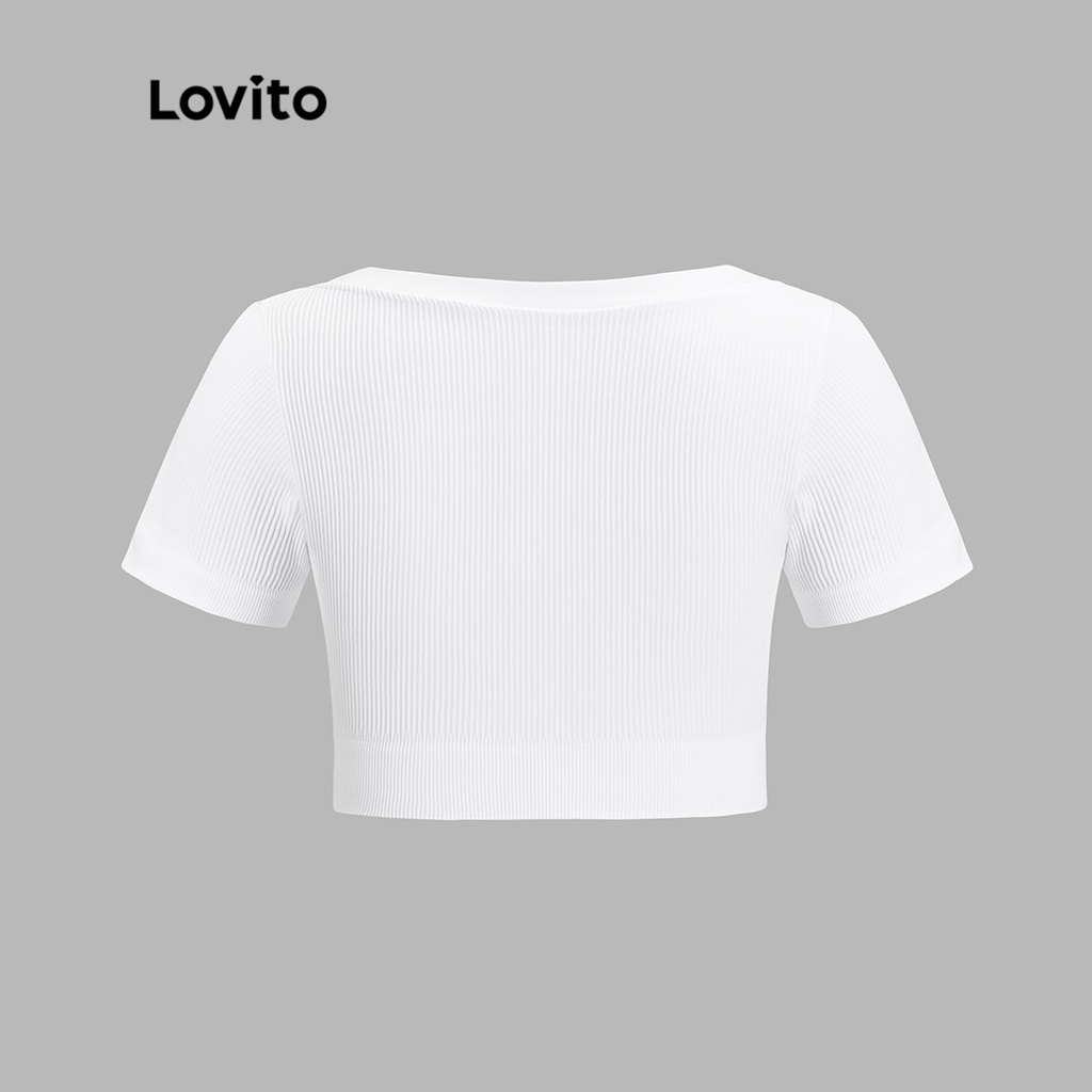 Áo thun Lovito cổ chữ V dáng ngắn màu trơn phong cách thể thao cho nữ L50AD033 (xám/trắng/đen)