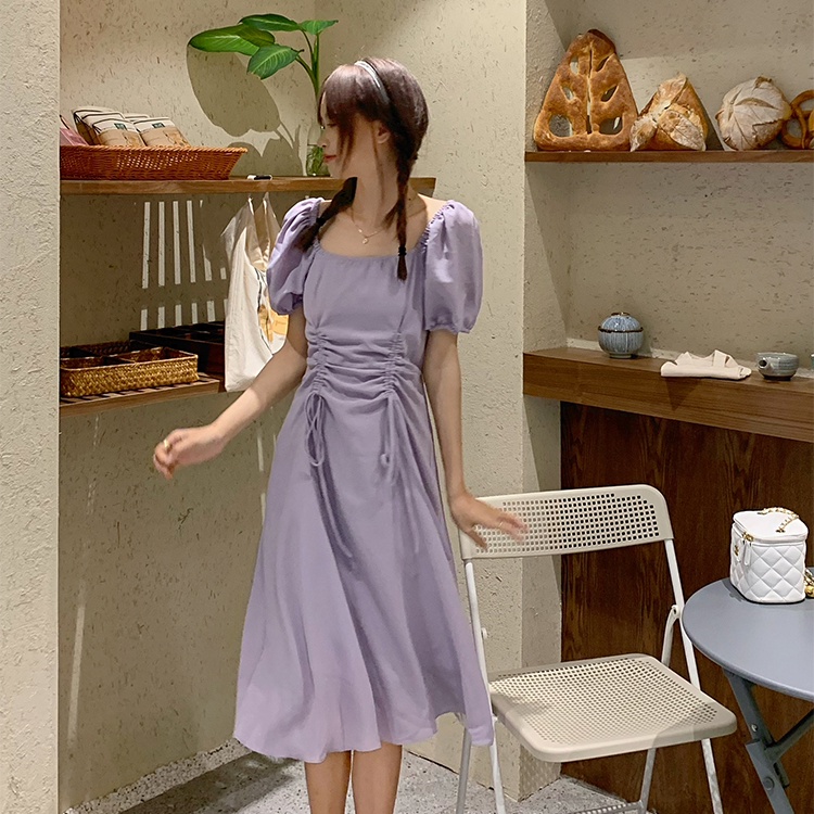 Genaisha Đầm Dáng Chữ A Cổ Vuông Eo Vừa Vặn Phối Dây Rút Phong Cách Hàn Quốc Cỡ Lớn Thời Trang Mùa Hè Cho Nữ