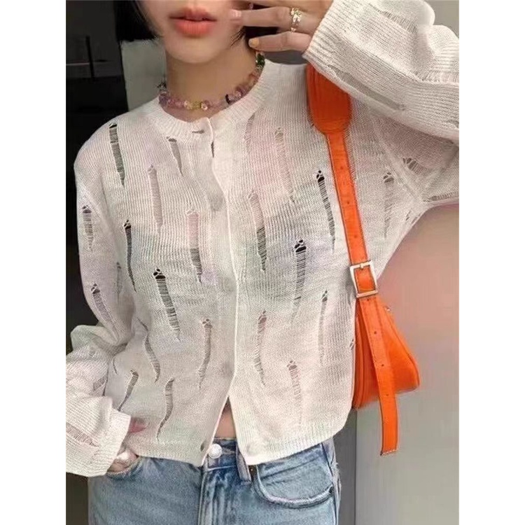 Áo Khoác Cardigan Dệt Kim Tay Dài Chống Nắng Thiết Kế Đục Lỗ Thời Trang Mùa Hè