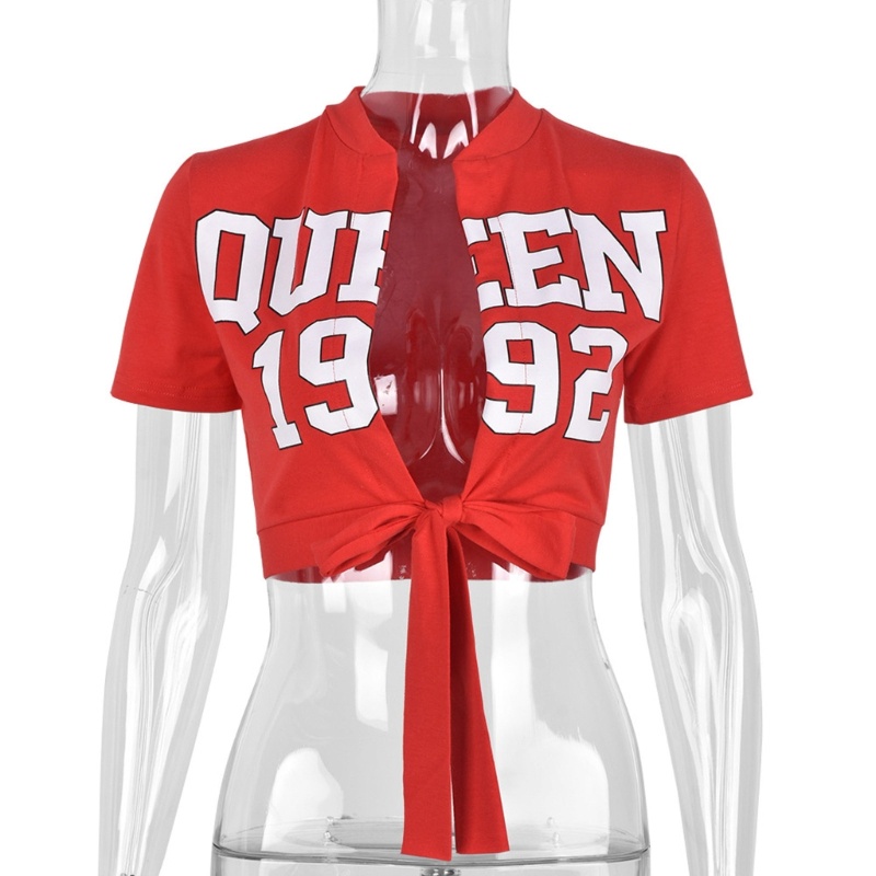 Áo Croptop Ngắn Tay Cổ Chữ V Khoét Sâu Thắt Cà Vạt In Chữ Thời Trang Dành Cho Nữ