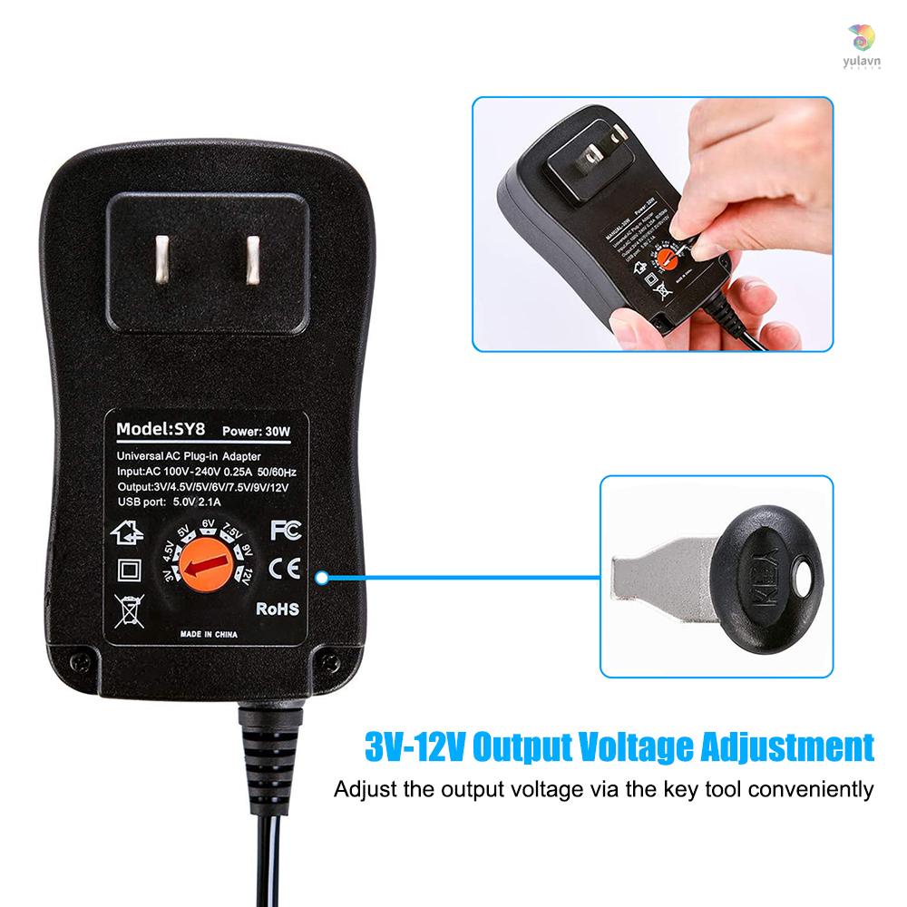 Bộ Chuyển Đổi Nguồn Điện AC Sang DC 30W Với Cổng USB 5V 2.1A 3V - 12V Với 8 Đầu Chuyển Đổi DC Dành Cho Gia Đình