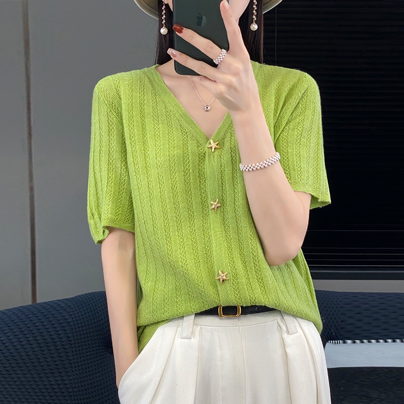 Áo Cardigan Len Dệt Kim Tay Ngắn Cổ Chữ V Khóa Cài Ngôi Sao Thời Trang Mùa Hè 2023