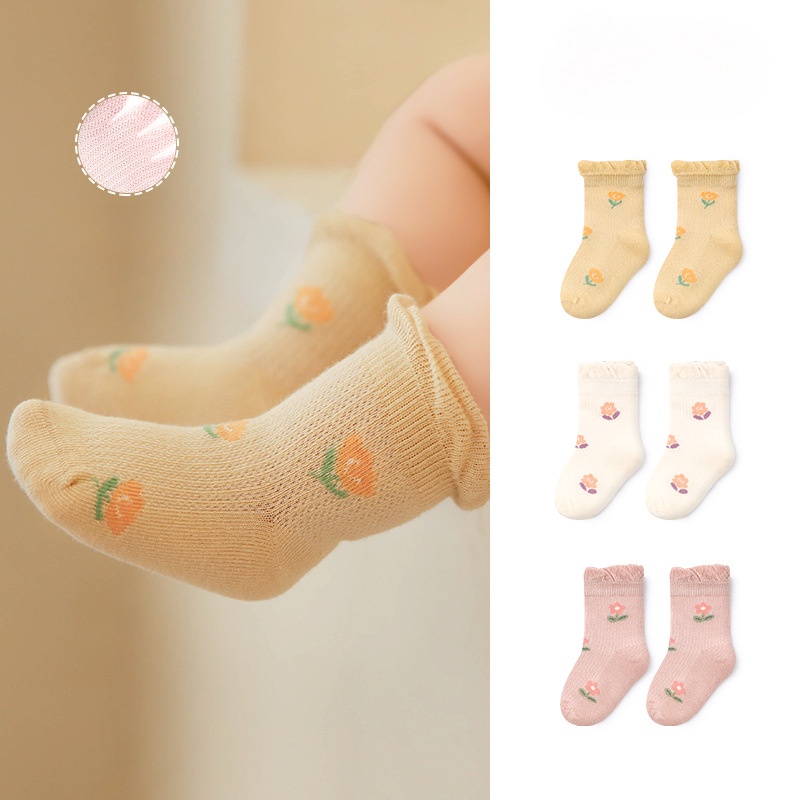 Set 3 Đôi Tất Cotton Mỏng Họa Tiết Hoa Xinh Xắn Cho Bé Gái MSW-119 / XS / S / M 1 Tháng - 5 Tuổi