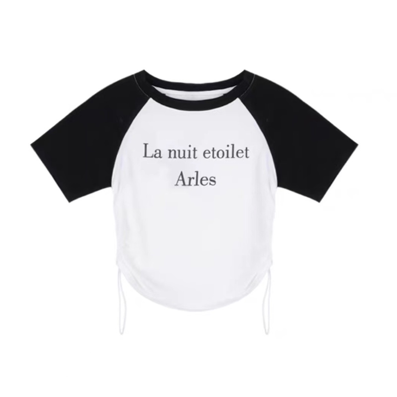 COZOK Áo Thun Ngắn Tay Cổ Thuyền Cột Dây Xếp Ly Màu Sắc Tương Phản Phong Cách Cổ Điển Thời Trang