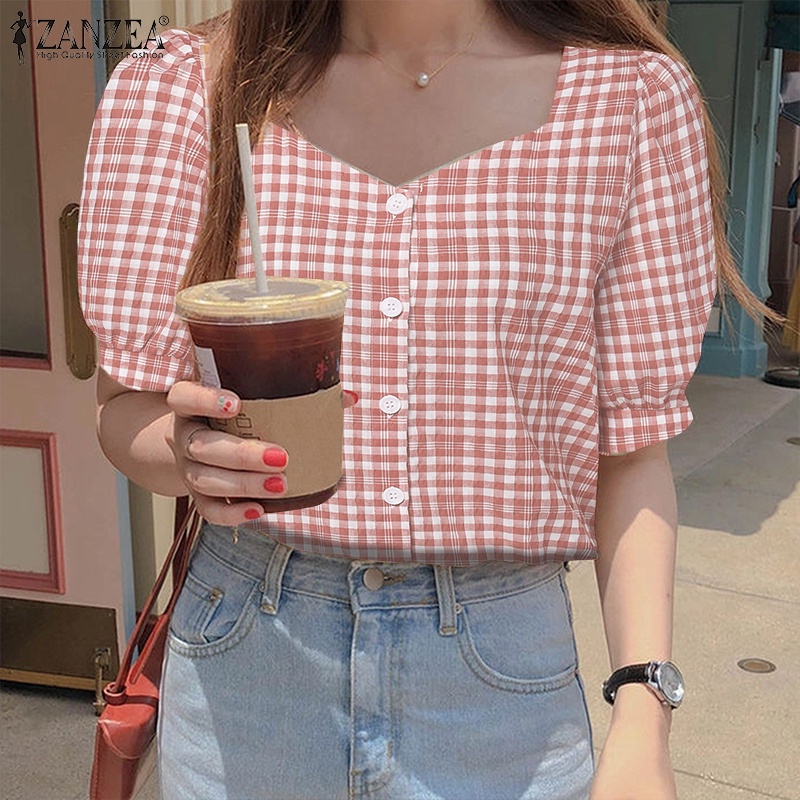 Áo nữ ZANZEA tay phồng họa tiết caro thời trang