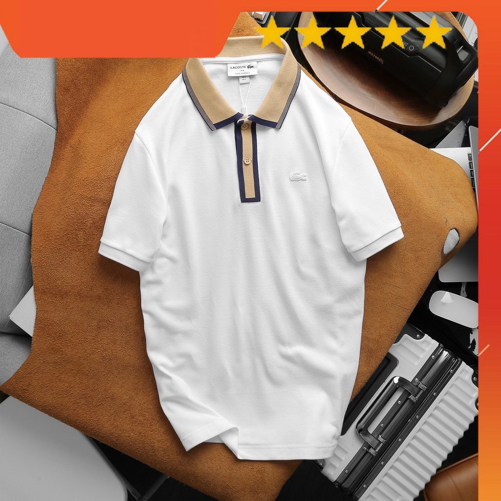 HÀNG VNXK - Áo thun polo trắng có cổ phối Pique LCST 4M thun cá sấu tốt xịn , có khắc chữ trên nút xịn , có nút sê cua -