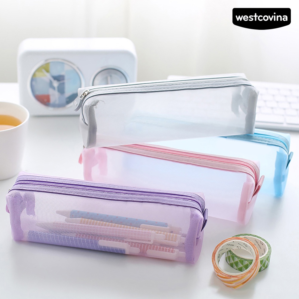 [COD]♪Túi Lưới Đựng Bút Trong Suốt Màu Trơn Có Khóa Kéo Tiện Dụng Cho Học Sinh
